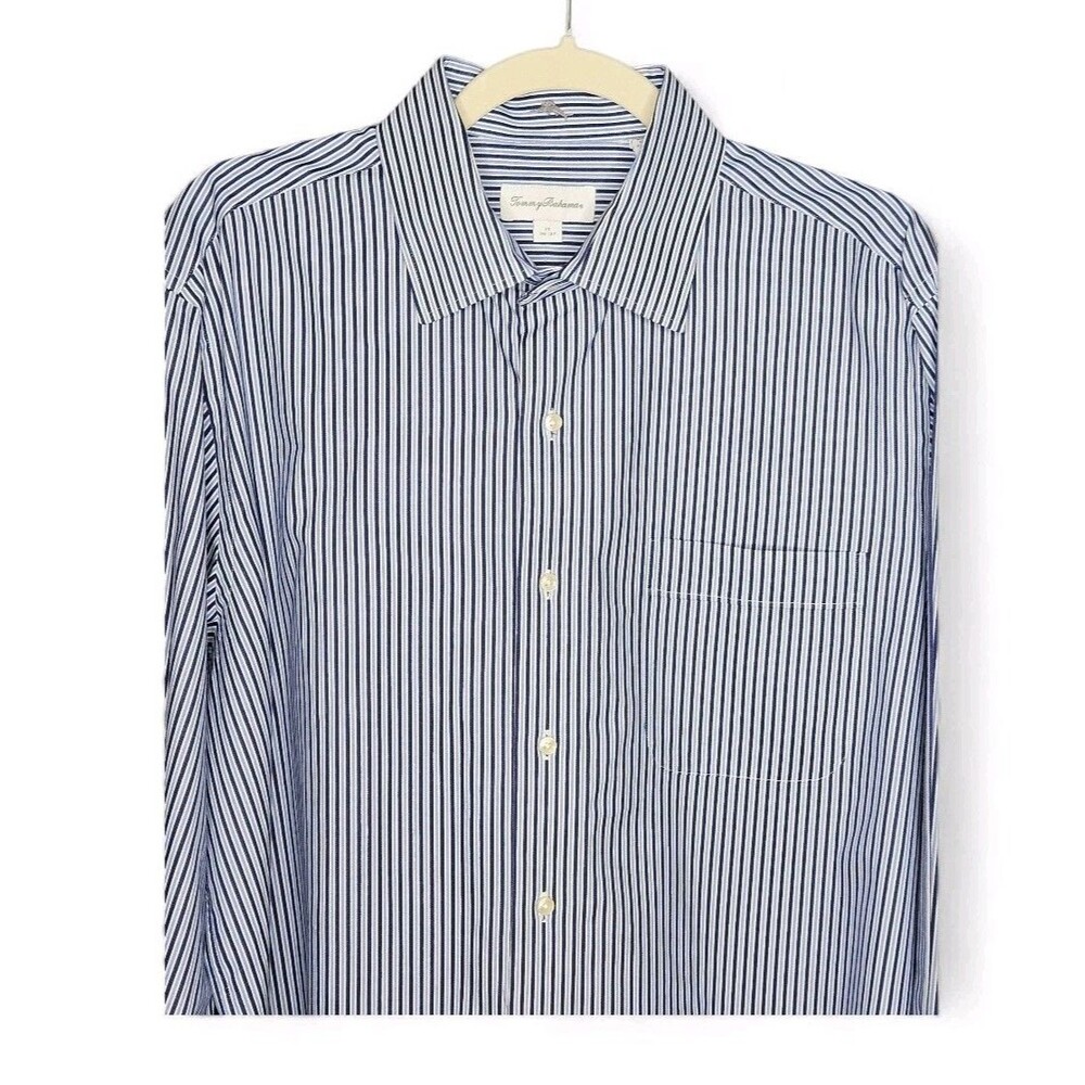Tommy Bahama Button Down Shirt Mens 17 36/37 Blue Striped Dress Long Sleeve